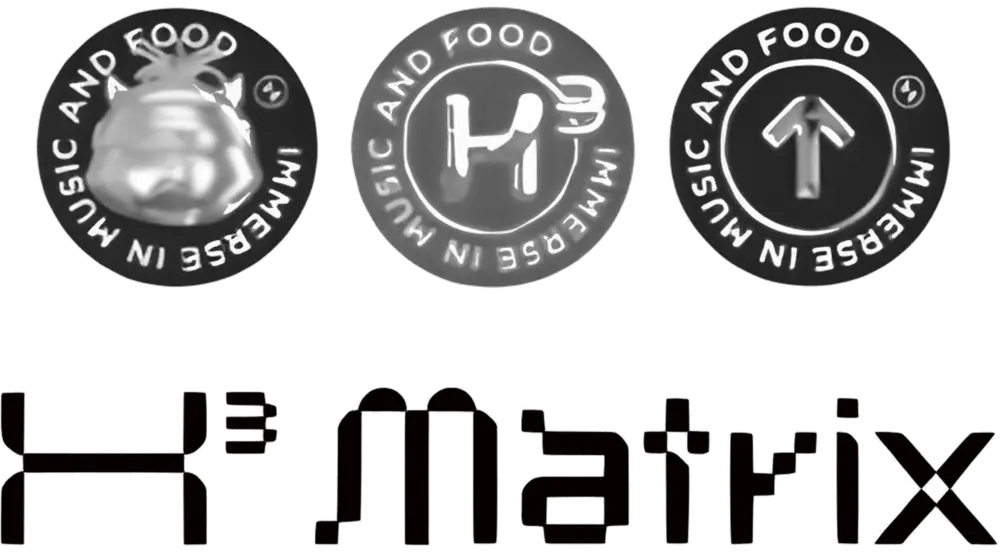 Interior Design - Three circular icons featuring music and food themes alongside the H3 Matrix logo. Dexign Matter Studio