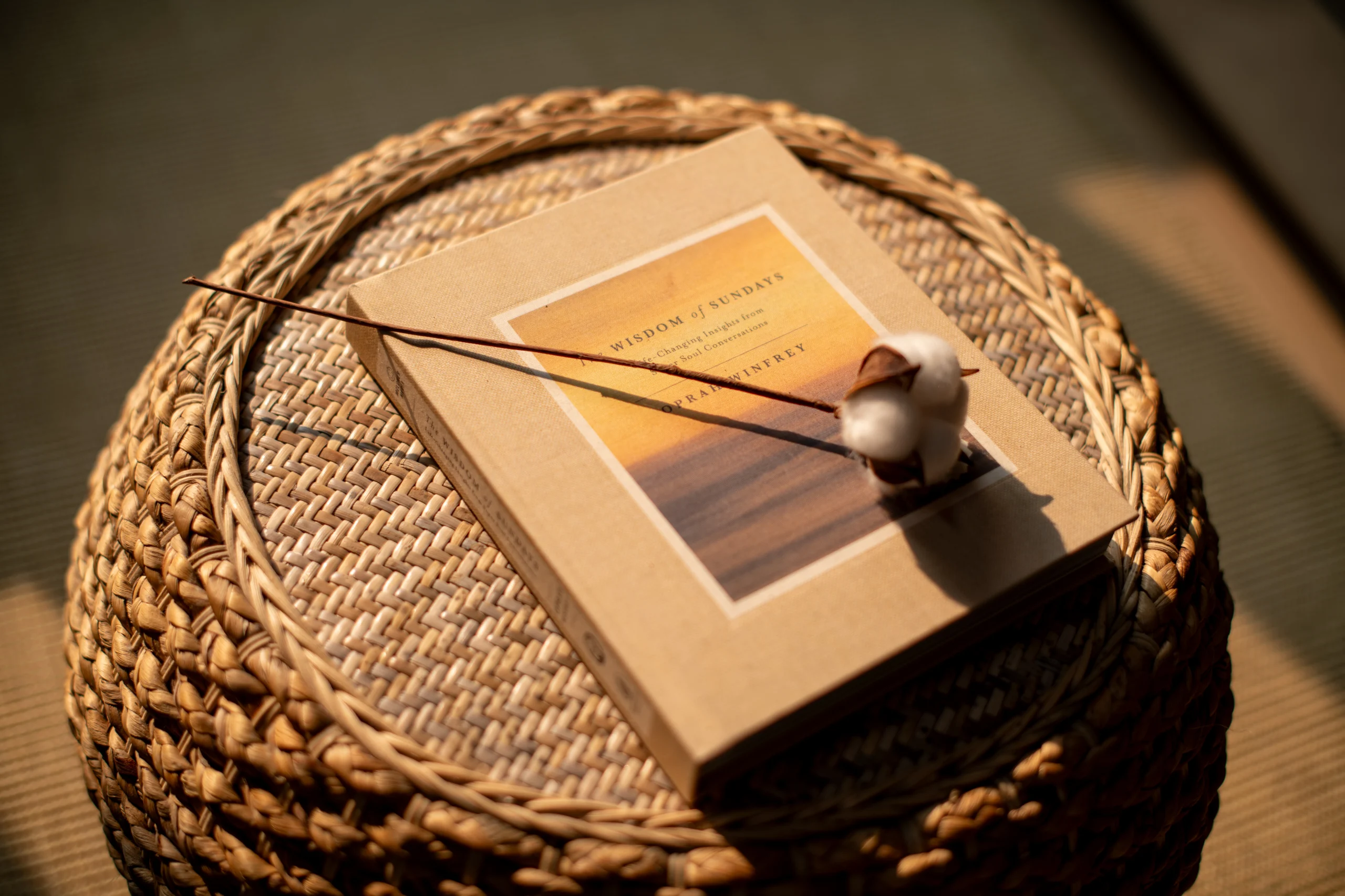Interior Design - A book titled 'Wisdom of Sundays' resting on a woven table with a cotton decoration. Dexign Matter Studio