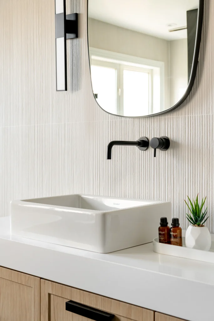Interior Design - A modern bathroom sink with a rectangular basin, black faucet, and a round mirror above it. Dexign Matter Studio