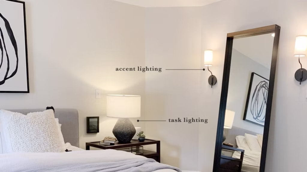 Bedroom ambient, accent, and task lighting. Modern, cozy feel.