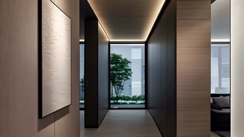 Minimalist hallway with wooden walls and ceiling, a painting, and a large window with a view of plants. Soft lighting creates a calm mood.