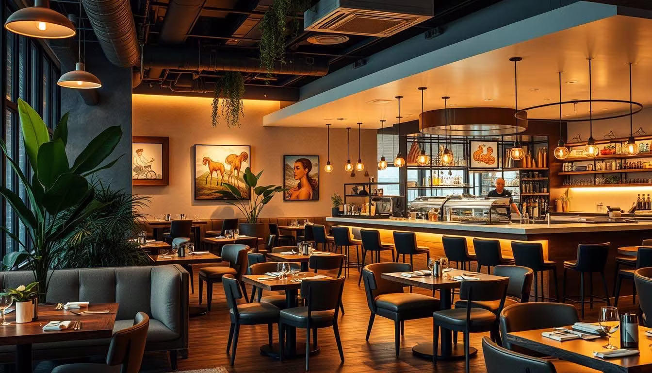 Interior Design - Interior view of a modern restaurant featuring wooden furniture and warm lighting. Dexign Matter Studio