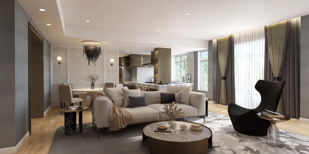 Interior Design - A modern living room featuring a beige sofa, round coffee table, and large windows with natural light. Dexign Matter Studio