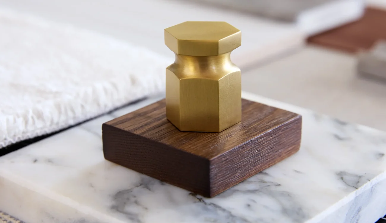 Interior Design - Brass geometric object placed on a marble and wood base with various materials in the background. Dexign Matter Studio