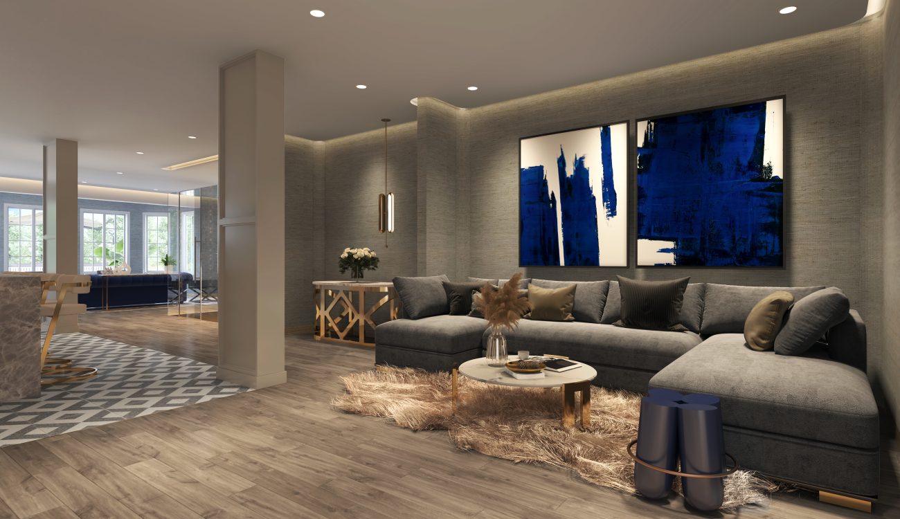 Interior Design - Modern living room featuring a gray sectional sofa and abstract blue artwork on the wall. Dexign Matter Studio