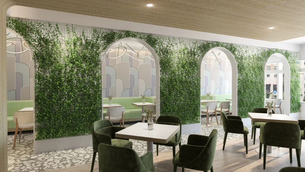 Interior Design - Interior view of a modern restaurant featuring green plants and archways. Dexign Matter Studio