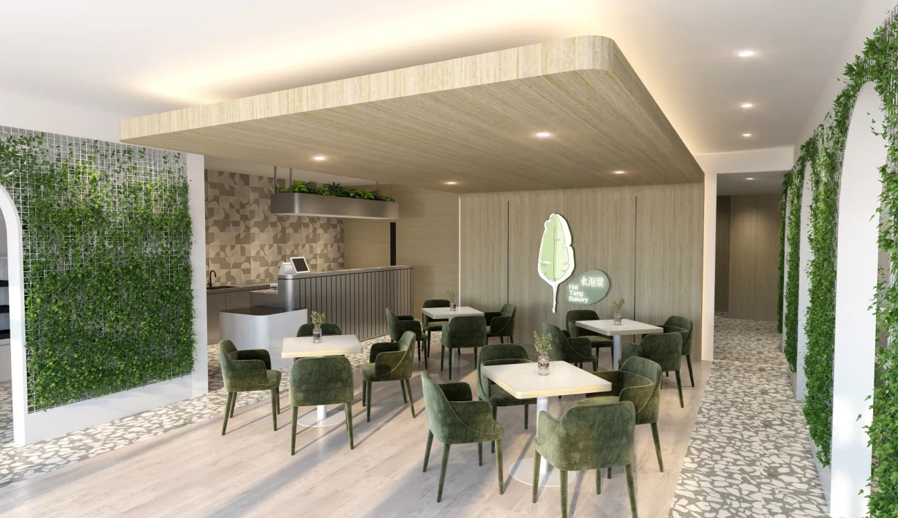Interior Design - Interior view of a modern café featuring green chairs and a wooden ceiling design. Dexign Matter Studio
