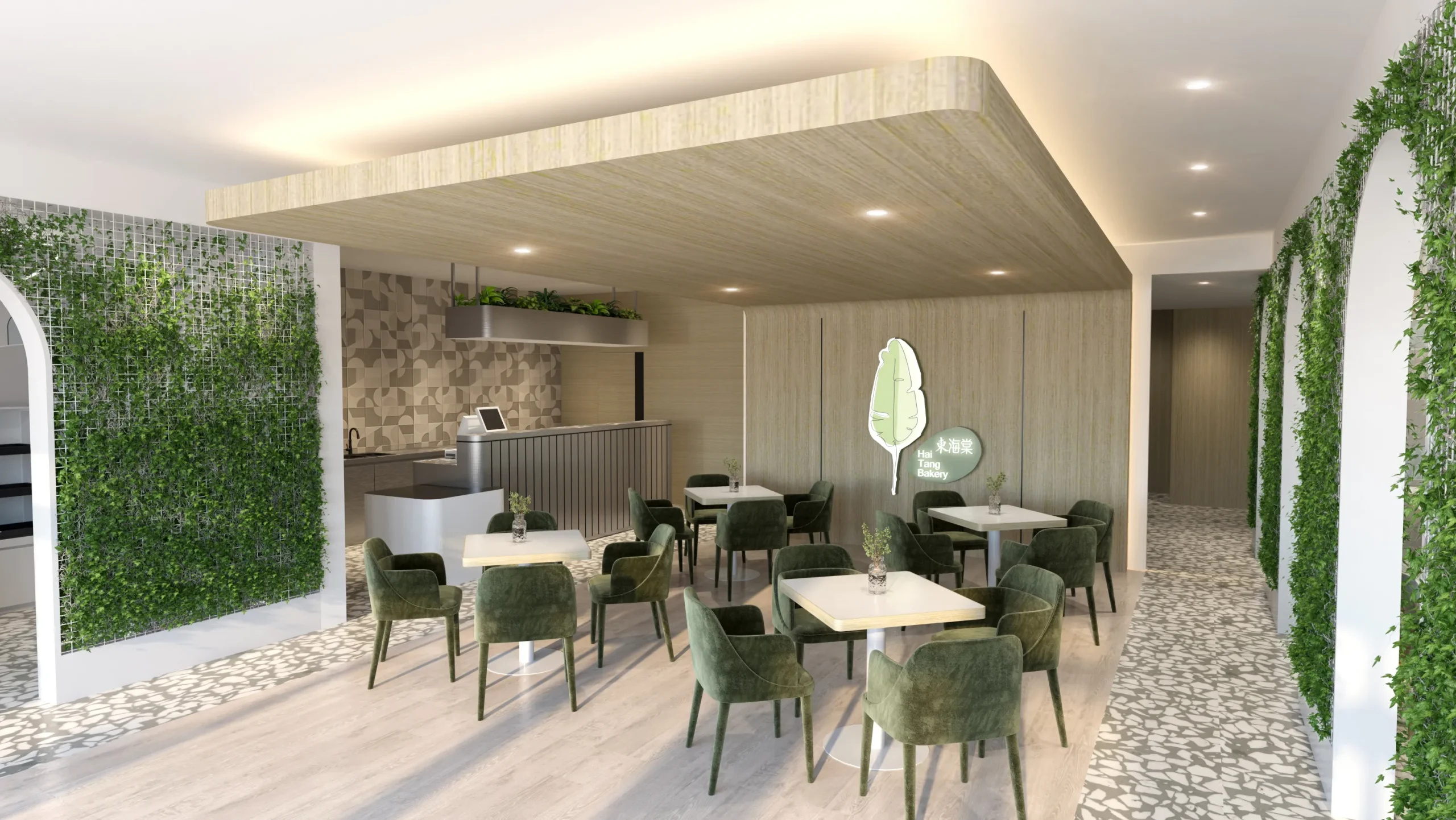 Interior Design - Interior view of a modern café featuring green chairs and a wooden ceiling design. Dexign Matter Studio