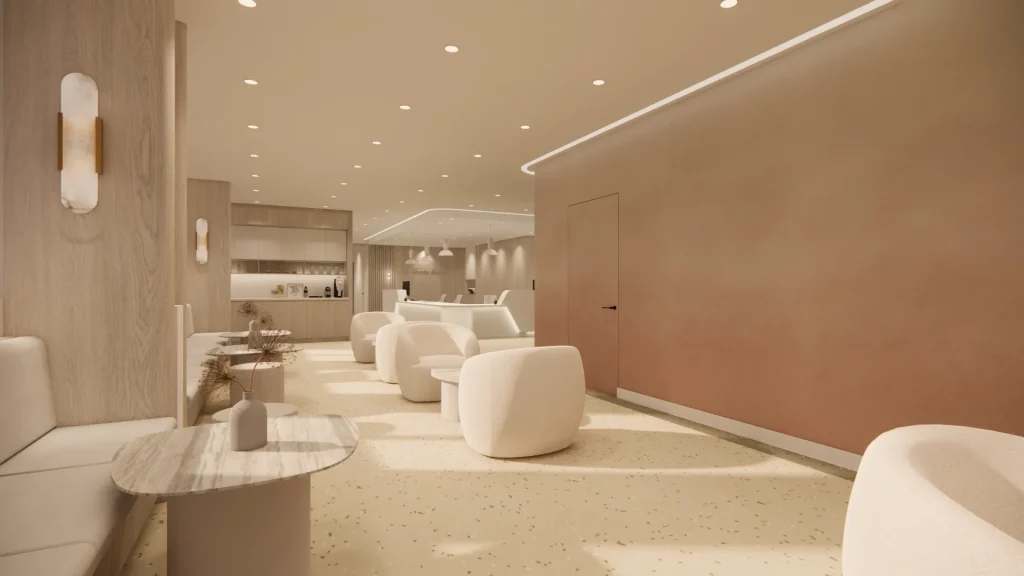 Interior Design - Contemporary reception area featuring soft seating and neutral color palette with ambient lighting. Dexign Matter Studio