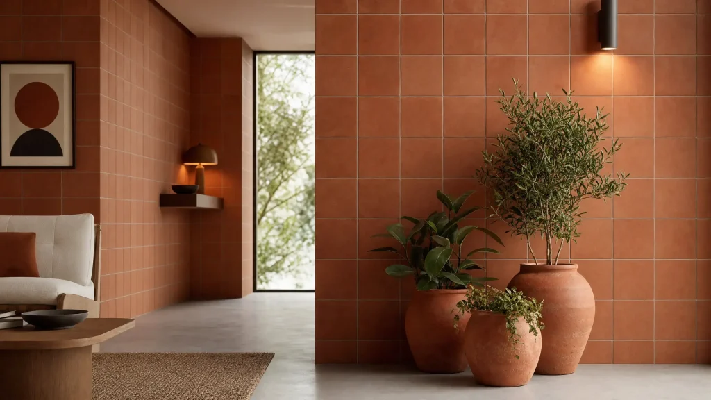 Interior Design - Warm terracotta tile flooring and rich cabinetry create an earthy residential kitchen mood, with exposed brick, clean lines, and soft lighting. Dexign Matter Studio