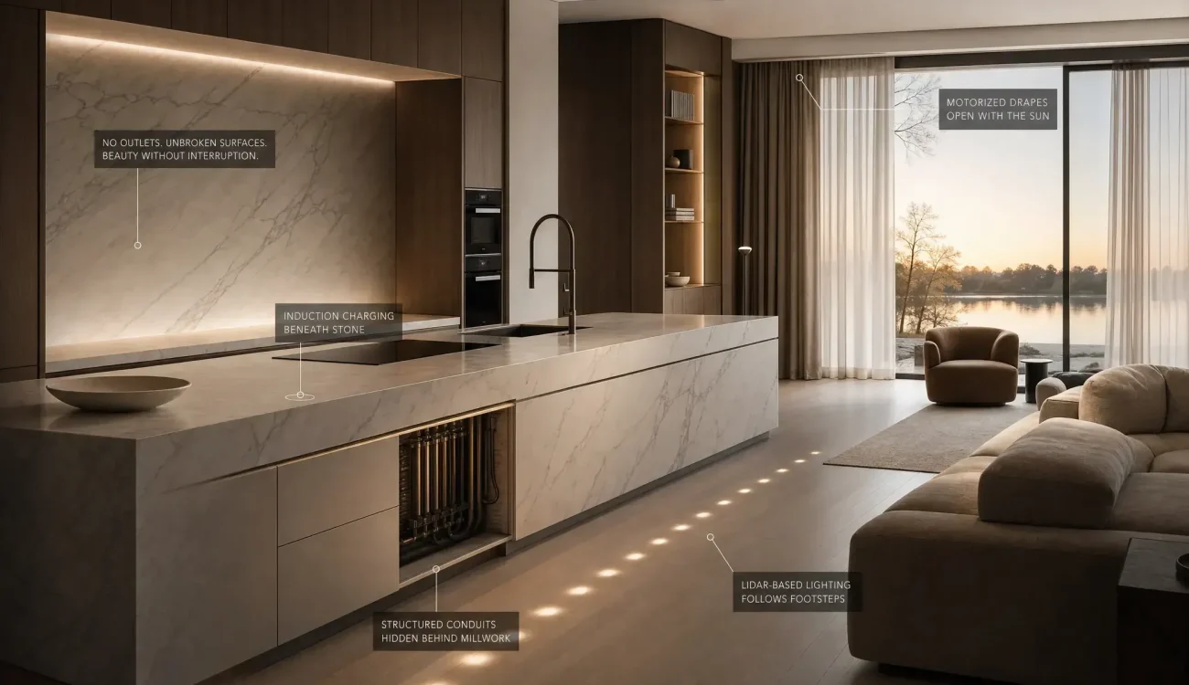 Interior Design - Sleek marble kitchen with concealed structured conduits, induction charging beneath stone, motorized drapes, and LIDAR-based lighting that follows footsteps. Dexign Matter Studio