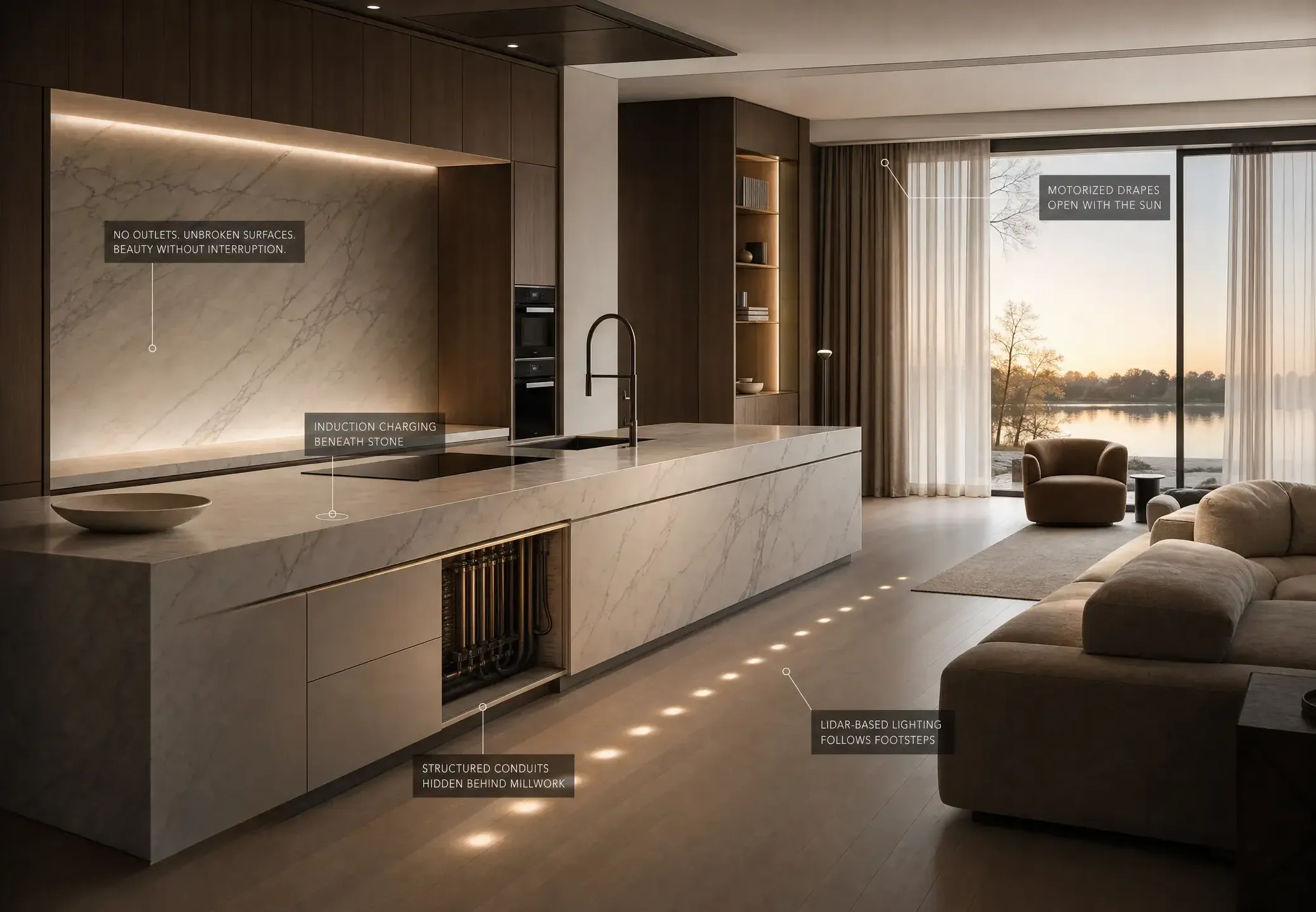 Interior Design - Sleek marble kitchen with concealed structured conduits, induction charging beneath stone, motorized drapes, and LIDAR-based lighting that follows footsteps. Dexign Matter Studio