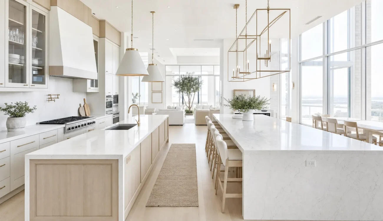 Bright open-concept kitchen with white cabinetry, marble countertops, a central island, and large windows flooding the space with daylight, reflecting a luxury kitchen layout.