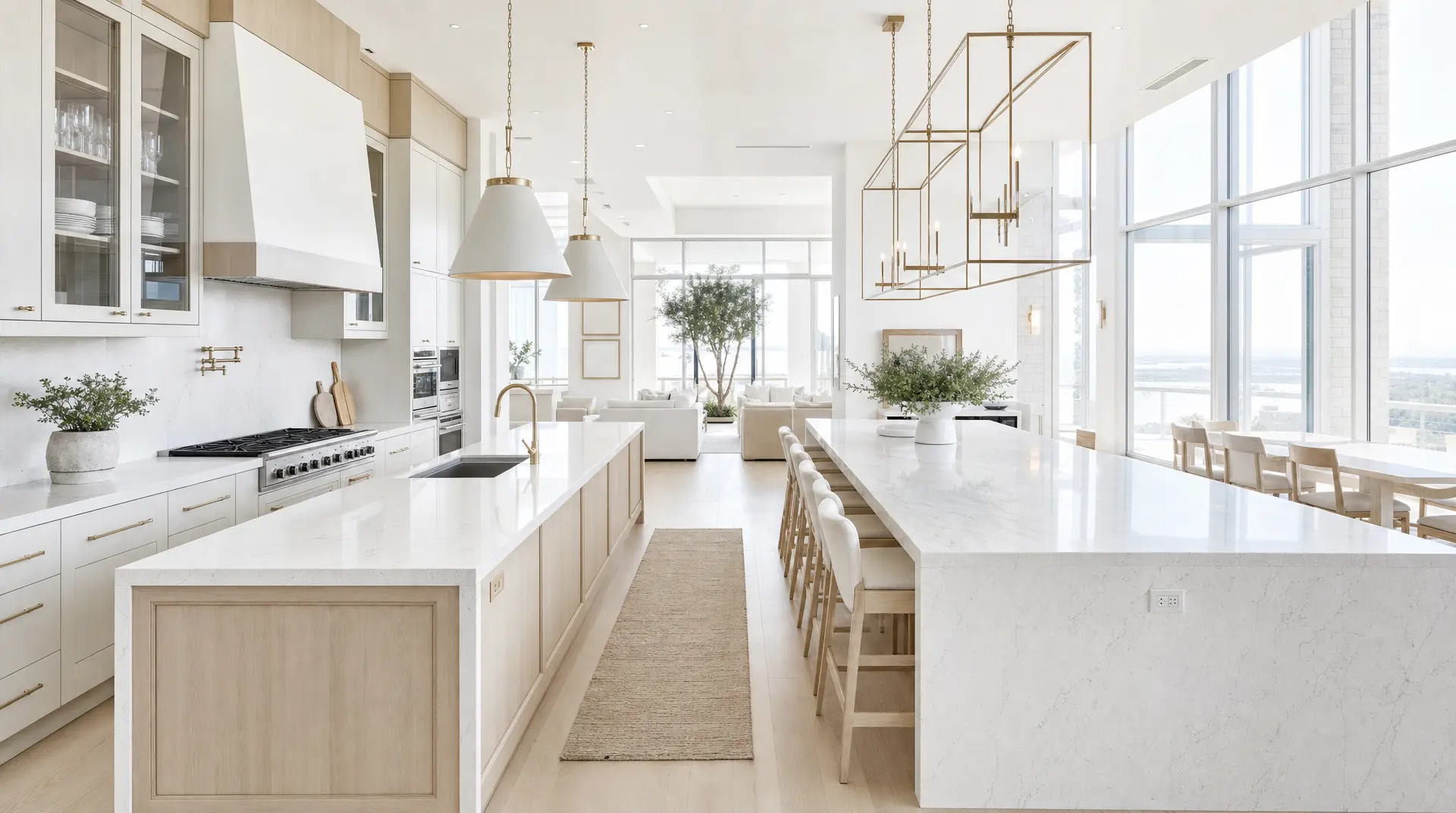 Bright open-concept kitchen with white cabinetry, marble countertops, a central island, and large windows flooding the space with daylight, reflecting a luxury kitchen layout.
