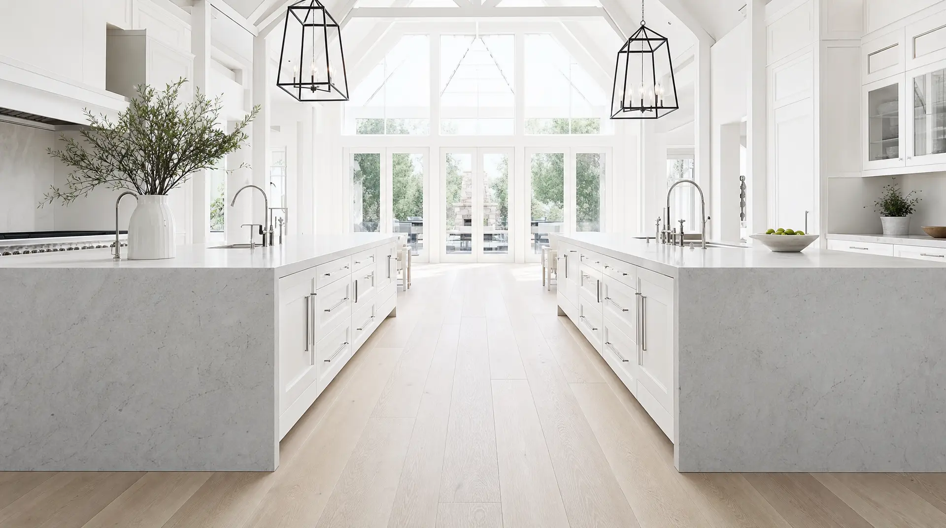 Bright white kitchen with double vanities and pendant lanterns highlighting architectural lighting design, plus large windows and a light wood floor.