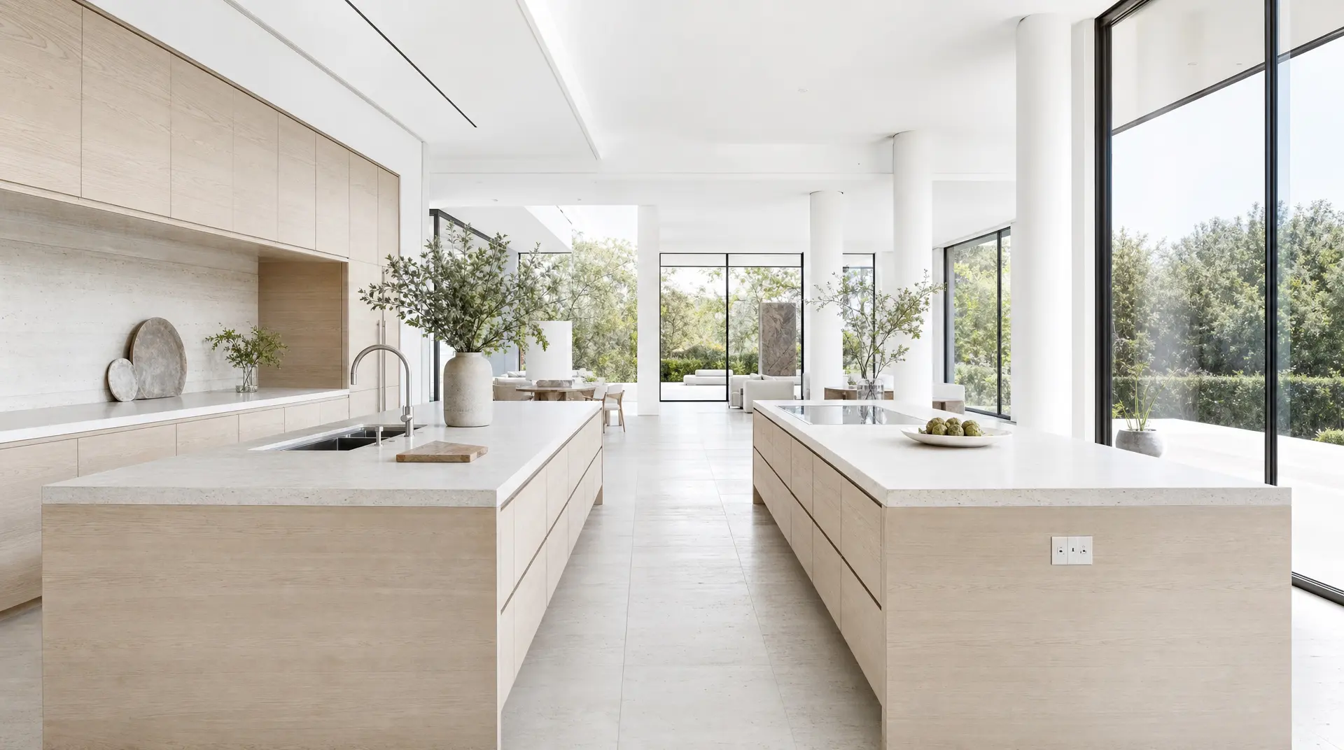 Spacious, minimalist kitchen with light cabinetry, stone countertops, a sink, built-in storage, and potted greenery near large windows, emphasizing maximizing natural residential light.