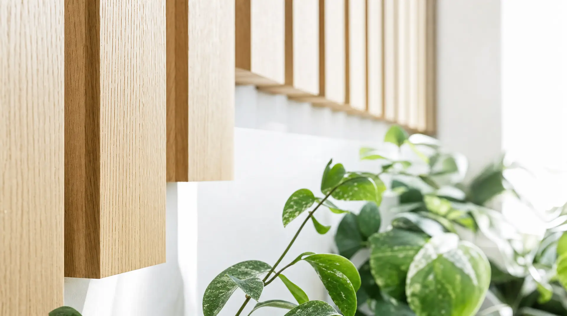 Green plant leaves appear in the foreground beside sunlit wooden slat wall panels and bright white interior walls, supporting biophilic design commercial interiors.