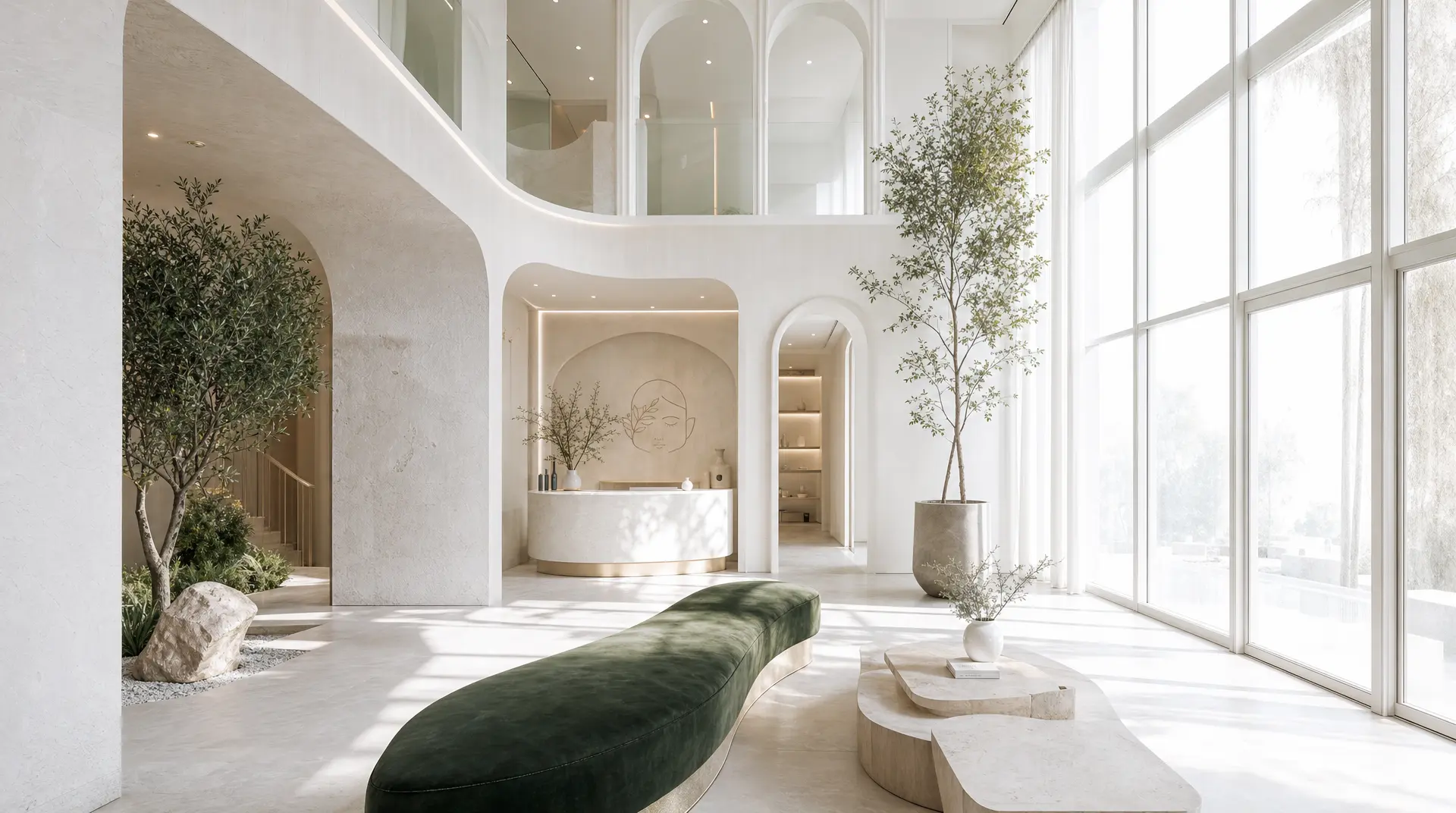 Bright spa-like commercial lobby with arched niches, a white reception counter, and potted trees, showcasing biophilic design commercial interiors and architectural lighting design.