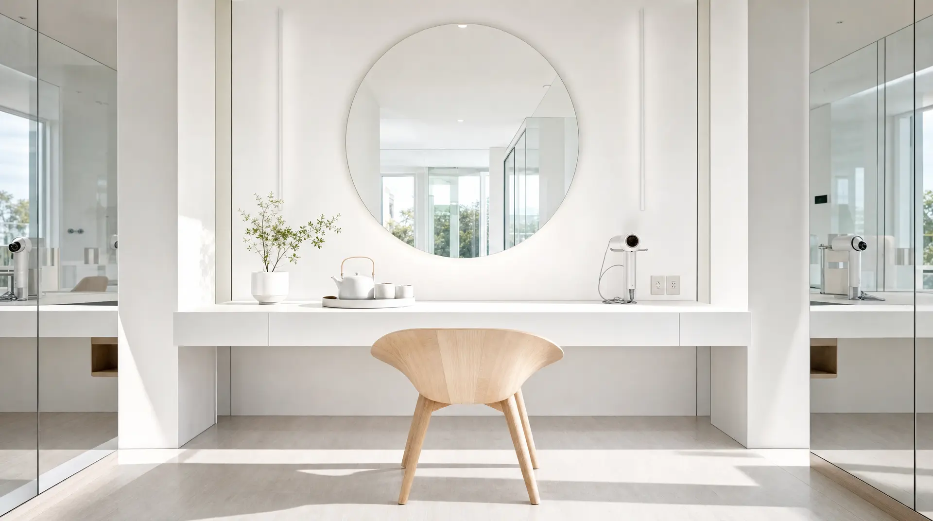 Bright white vanity wall with integrated storage, a centered round mirror, and a clean stool setup in a minimalist luxury design bathroom