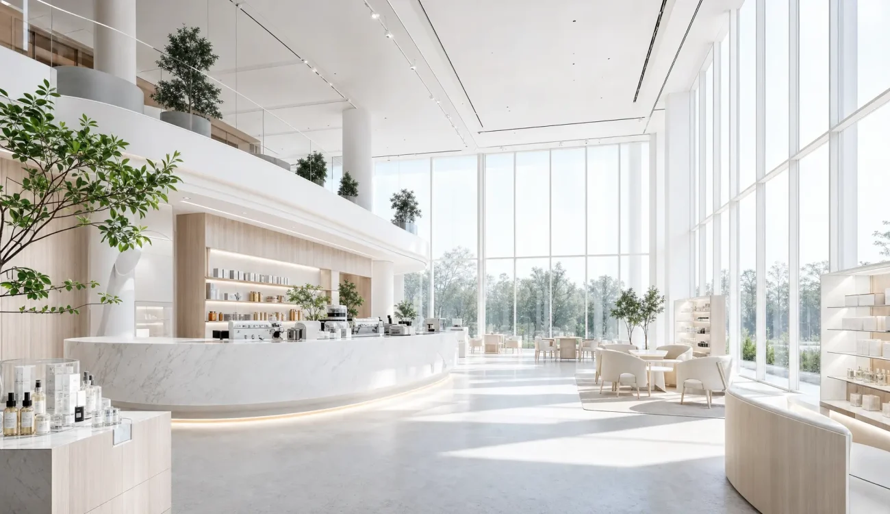 Spacious spa showroom with white reception counters, floor-to-ceiling windows, greenery, and commercial lighting design track fixtures.