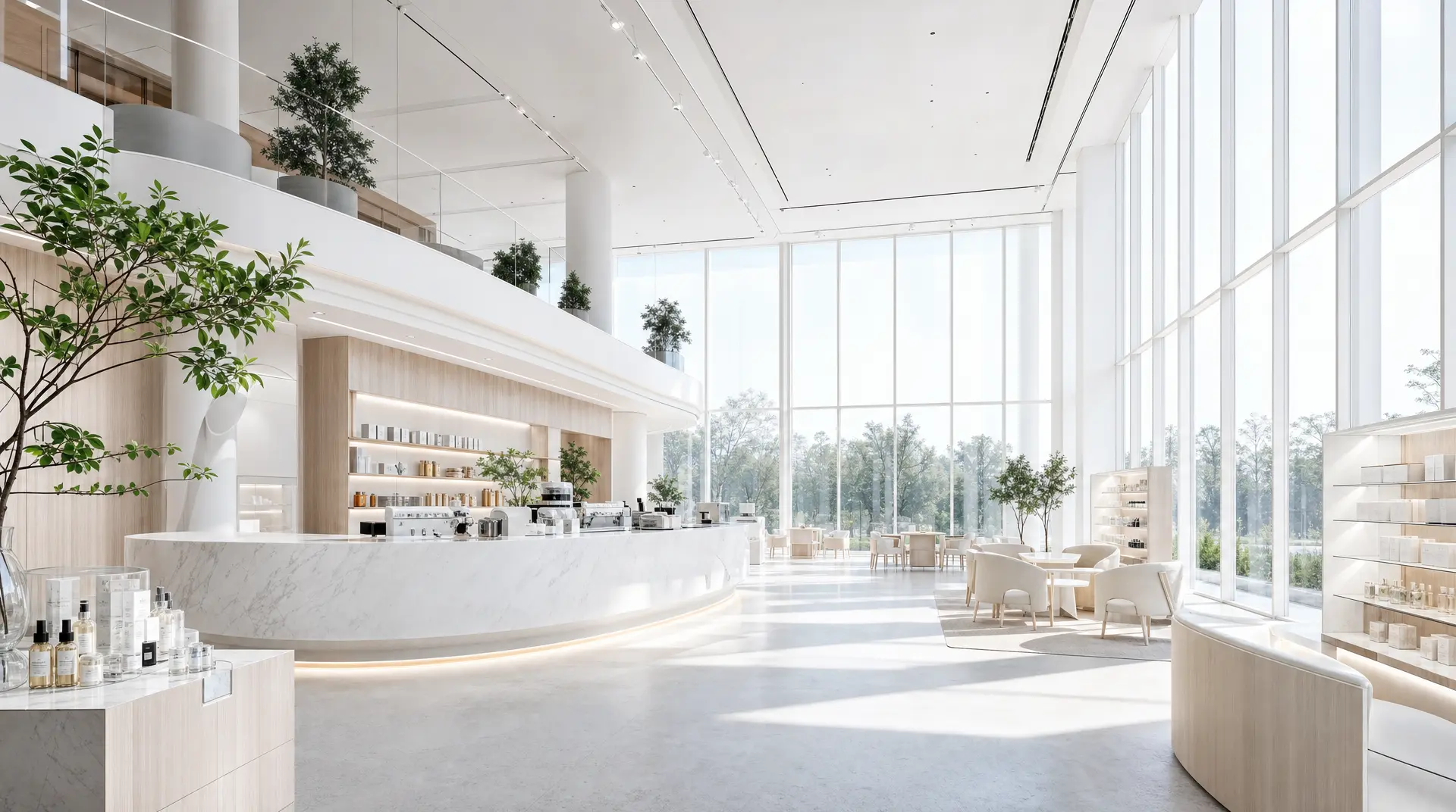 Spacious spa showroom with white reception counters, floor-to-ceiling windows, greenery, and commercial lighting design track fixtures.