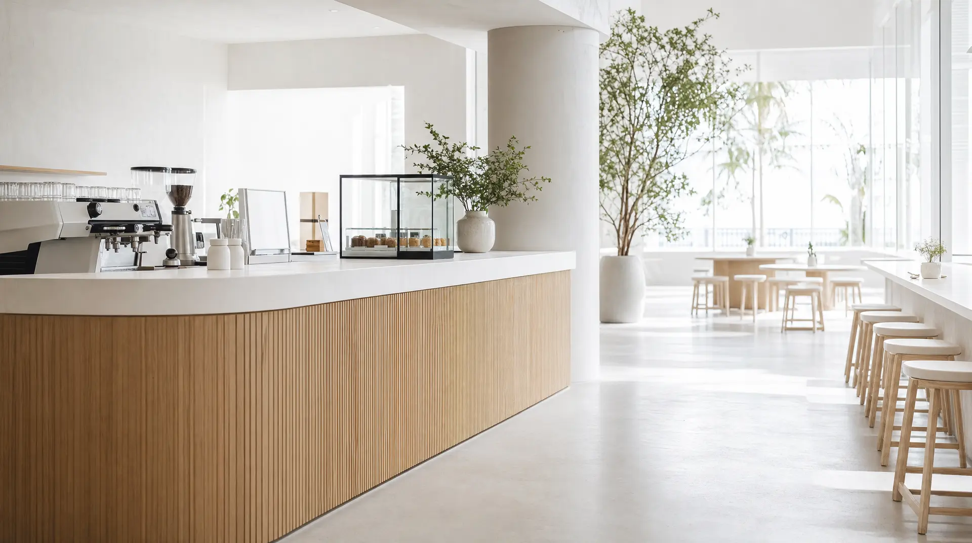 Sunlit white commercial counter with espresso machine, glass display, potted greenery, and an airy biophilic design commercial interiors look with architectural lighting design.