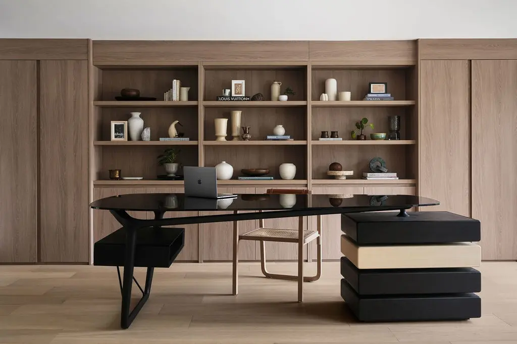 Interior Design - A sleek home office features a black glass desk, built-in wooden shelving, and sculptural decor. Dexign Matter Studio