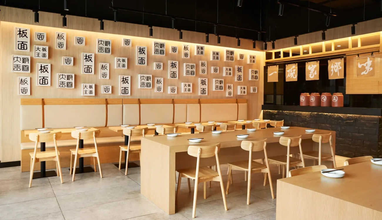 A warm, wooden Japanese restaurant interior with long communal tables and stools. The wall features numerous white panels with black kanji characters, and a counter area with jars and hanging banners in the background.