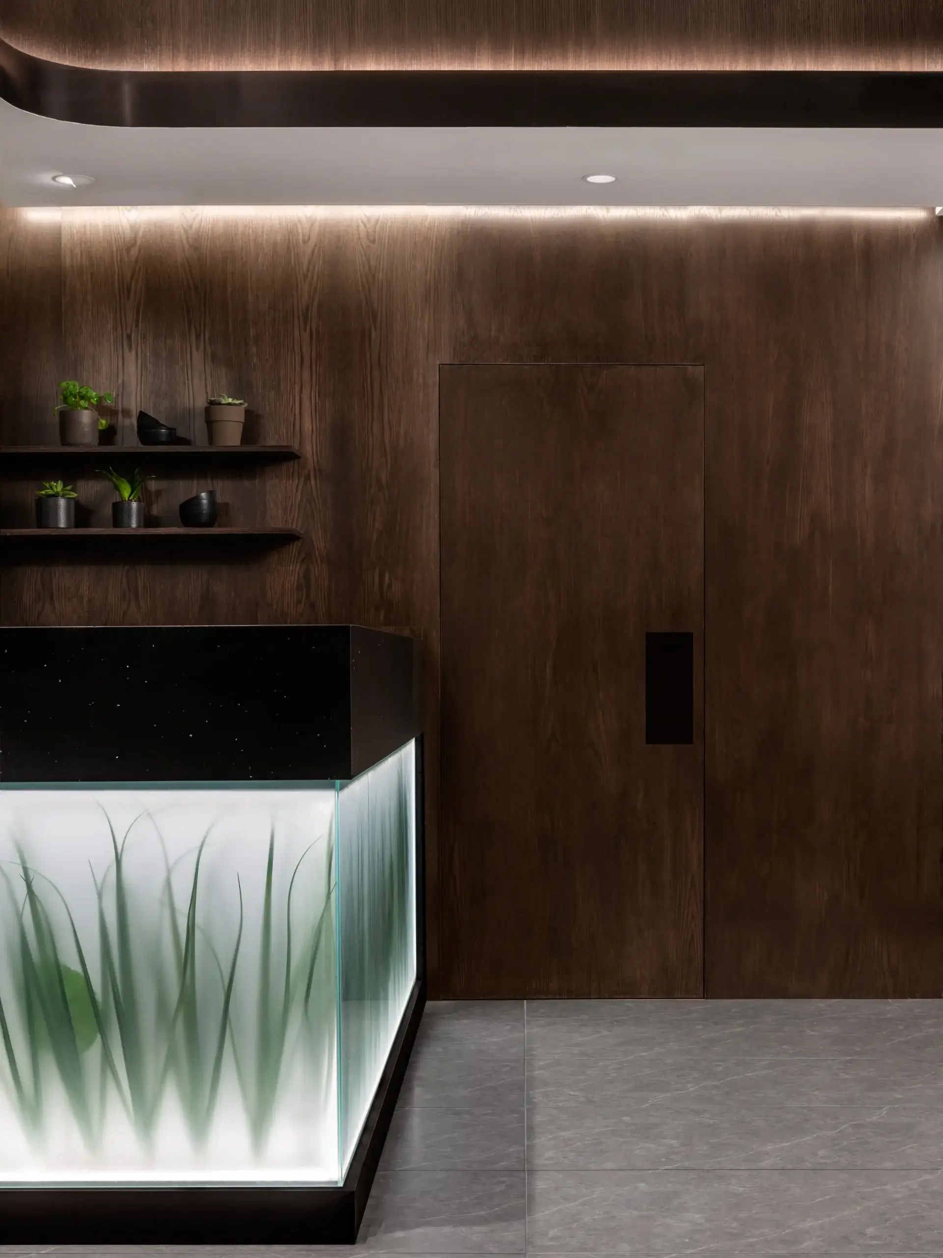 A dark wood-paneled interior featuring a glass-front aquarium with tall green aquatic plants, lit from within. Two floating shelves hold small potted plants, and a recessed ceiling light highlights the space while a tall wooden door stands to the right.